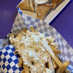 Chicken and beef samosas, Greek fries, gyro pita wrap