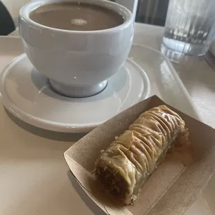 Finger baklava (walnuts and cinnamon) with a dirty chai.