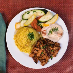 Chicken Shawarma Plate
Marinated in a 7-spice mix sourced directly from Lebanon by our owner Tarek, paired with hummus and pita bread.