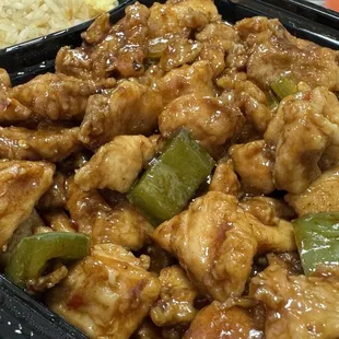 Jalapeño chicken and fried rice.