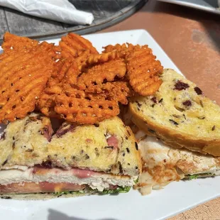 Turkey cranberry sandwich with sweet potato fries. Yummmm