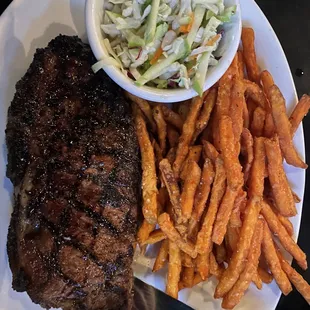 New York Strip with Apple Cider Slaw and Sweet Potato Fries