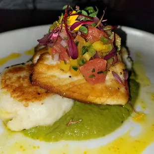 Fish of the day: mahi, mash potato, pea puree and ginger sauce was so good