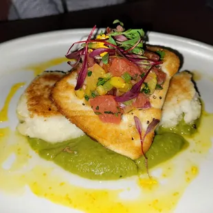 Fish of the day: mahi, mash potato, pea puree and ginger sauce