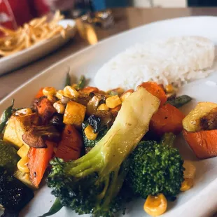 Coconut rice and steamed veggies