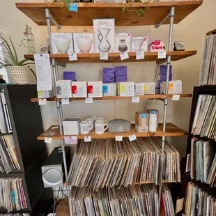 a shelf of vinyl records