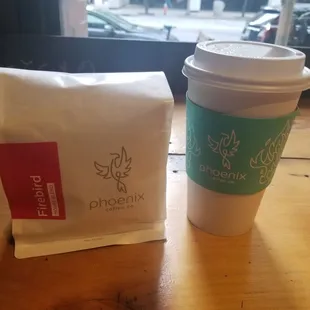 Great cup of coffee and coffee beans to go!