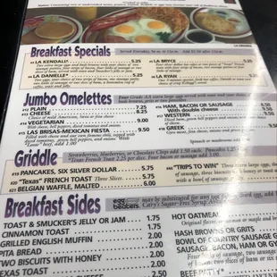 a menu for breakfast specials