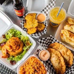 a variety of food items on a table