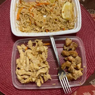"Chicken" from chicken pad tai &amp; chicken from chicken hibachi separated by my fork
