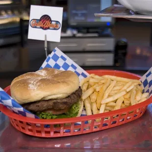 a hamburger and fries in a basket