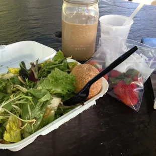 salad, pasta, steak,Asian sesame dressing ,vinegar &amp; roll &amp;water $6.47. coffee and fresh strawberry from home free.