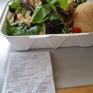 $7.77 for the large salad with protein (stake) and pasta.