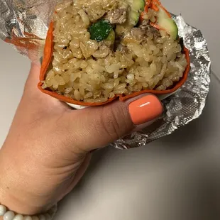 Hibachi Burrito with beef. Flavors were unbelievable, texture of rice and vegetables perfect and the meat was nice and tender.