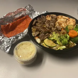 Steak and Shrimp with with fried rice (tortilla on the side)