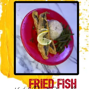 fried fish with white rice and spring beans
