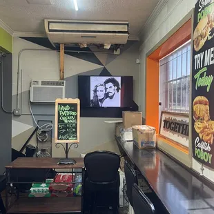 Inside seating counter and music playing