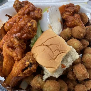 7 Whole Wings with fried okra.