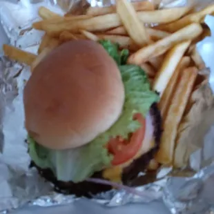 Juicy cheeseburger with fries