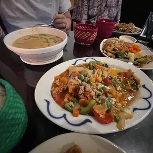 Left: Red Curry  Center: Catfish (Basil Sauce) Right: Shrimp Teriyaki  Top right: Pad Thai