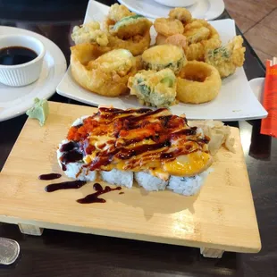 Volcano Roll and vegetable tempura