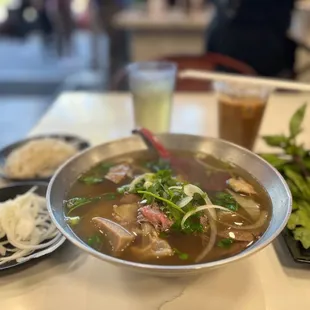 House special/combination with ice tea and Vietnamese ice coffee