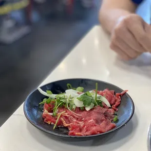 Rare beef on the side