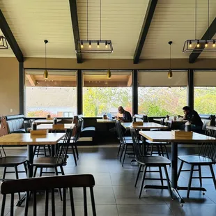 Inside has large windows and high ceilings