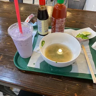 Pho with beef and Taro milk tea