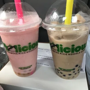 Strawberry w/ green apple bubbles (left)  Milk tea w/ blueberry bubbles (right)