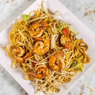Shrimp LoMein House special sauce with wok egg noodle, bean sprout, and scallions tossed to perfection with jumbo shrimps.