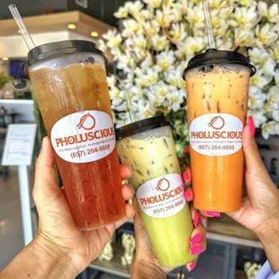 Peach mango ice tea, green thai tea, and orange thai tea