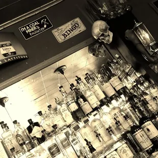 a wall full of liquor bottles