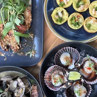 Hawker Night Menu - Caramelized rive prawns, steamed clams, scallop crudo, Vietnemase rice cakes