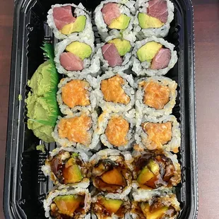 Three Any 3 Roll Lunch Special- tuna avocado, spicy salmon, Eel Avocado