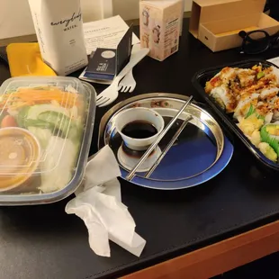 Take out order. 3 rolls for $18. Got 2x Shrimp Tempura and a Salmon Roll with green salad.