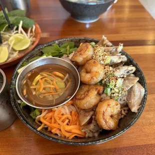 Shrimp&amp;chicken vermicelli and rare steak pho