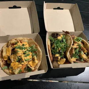 Onion tofu, pork belly and chicken thigh tacos