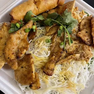 a plate of chicken and noodles