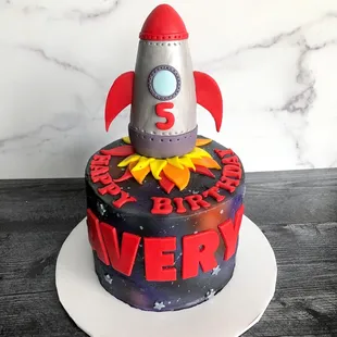 Custom outer space airbrushed rocket cake