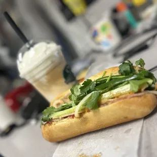 Coconut coffee and banh mi