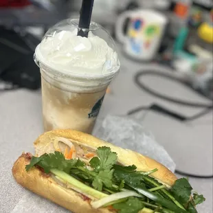 Coconut coffee and banh mi