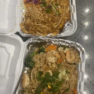 Shrimp Thai rice and chicken pad Thai