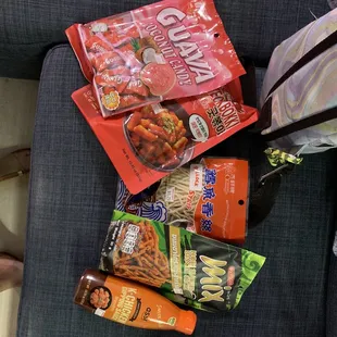 Guava coconut candies, rice noodles, snacks, Korean spicy barbecue sauce