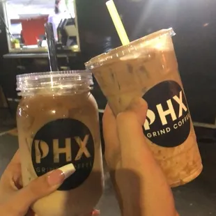 Caramel macchiato 24 oz jar &amp; medium horchata w espresso shot