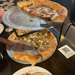 The margarita pizza and the chicken carbonara pizza