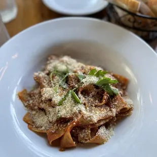 Bolognese pasta with handmade pappardelle pasta.