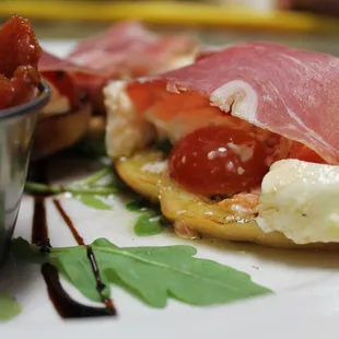 Bruschetta with Tomato, Mozzarella and Prosciutto.