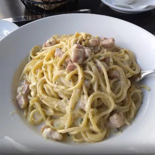 Spaghetti in Carbonara sauce.