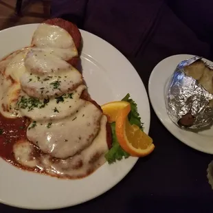 Eggplant parm with baked potato